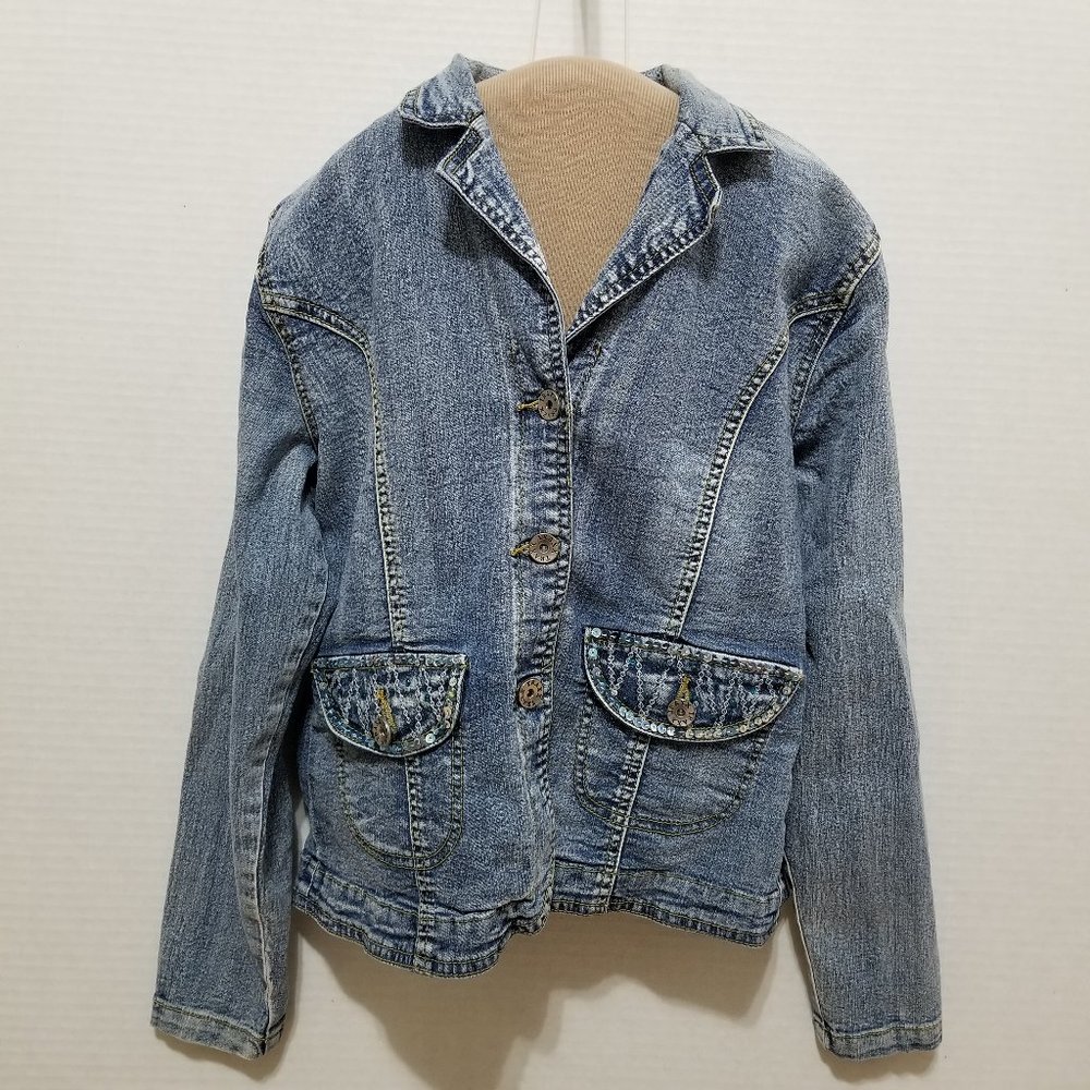 Traxx jacket 14/16 denim jean sequin beaded bling embroidered blazer boho